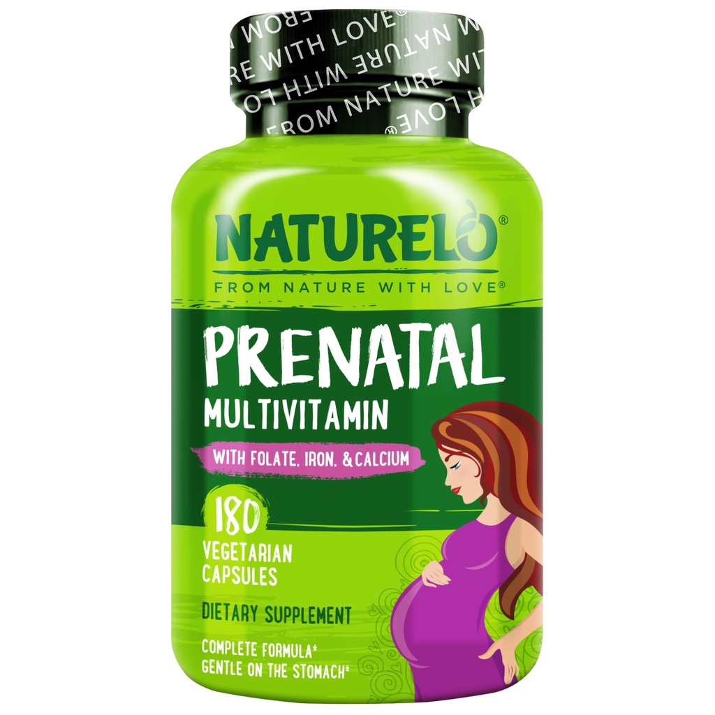 NATURELO Prenatal Multivitamin dengan Besi Yang Dilayout Lembut, Metil Folor, Plant Calcium & Cholin - Vegan, Vegetarian - Non-GMO - Gluten Bebas - 180 Kapsul - 2 Bulan Supply