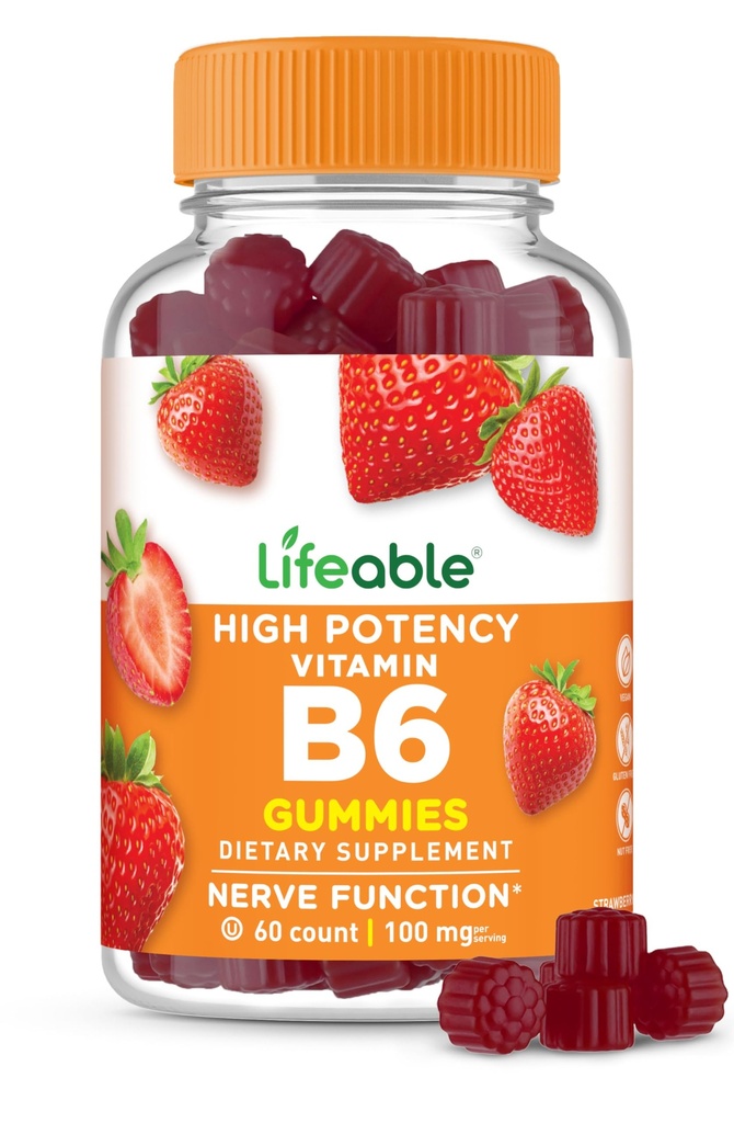 Lifeable Vitamin B6 Gummies 124; 100mg 124; Great Tasting VIT B6 Suplemen 124; Vegan B6 Vitamin untuk Dukungan Nerve Supplemen 124; Vitamin B 6 untuk Dewasa, Pria, Perempuan 124; 60 Gummi