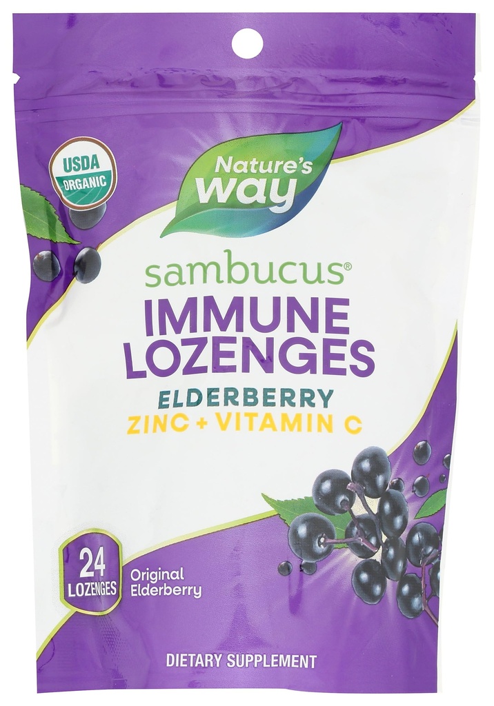 Nature 's Way Sambucus Ammune Lozenges, Zinc + Vitamin C, Black Elderberry Extract, USDA Certified Organik, Berry Flavored, 24 Lozenges (Packaging May Wary)