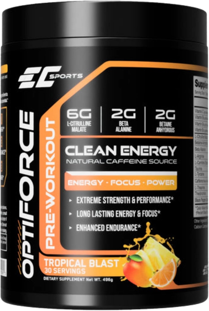 EC Sports OptiForce Pre- Workout Tropical Blast Towder - Clean Energy & Natural Caffeine w / Long- Lasting Endurance and Focus - 30 Servis