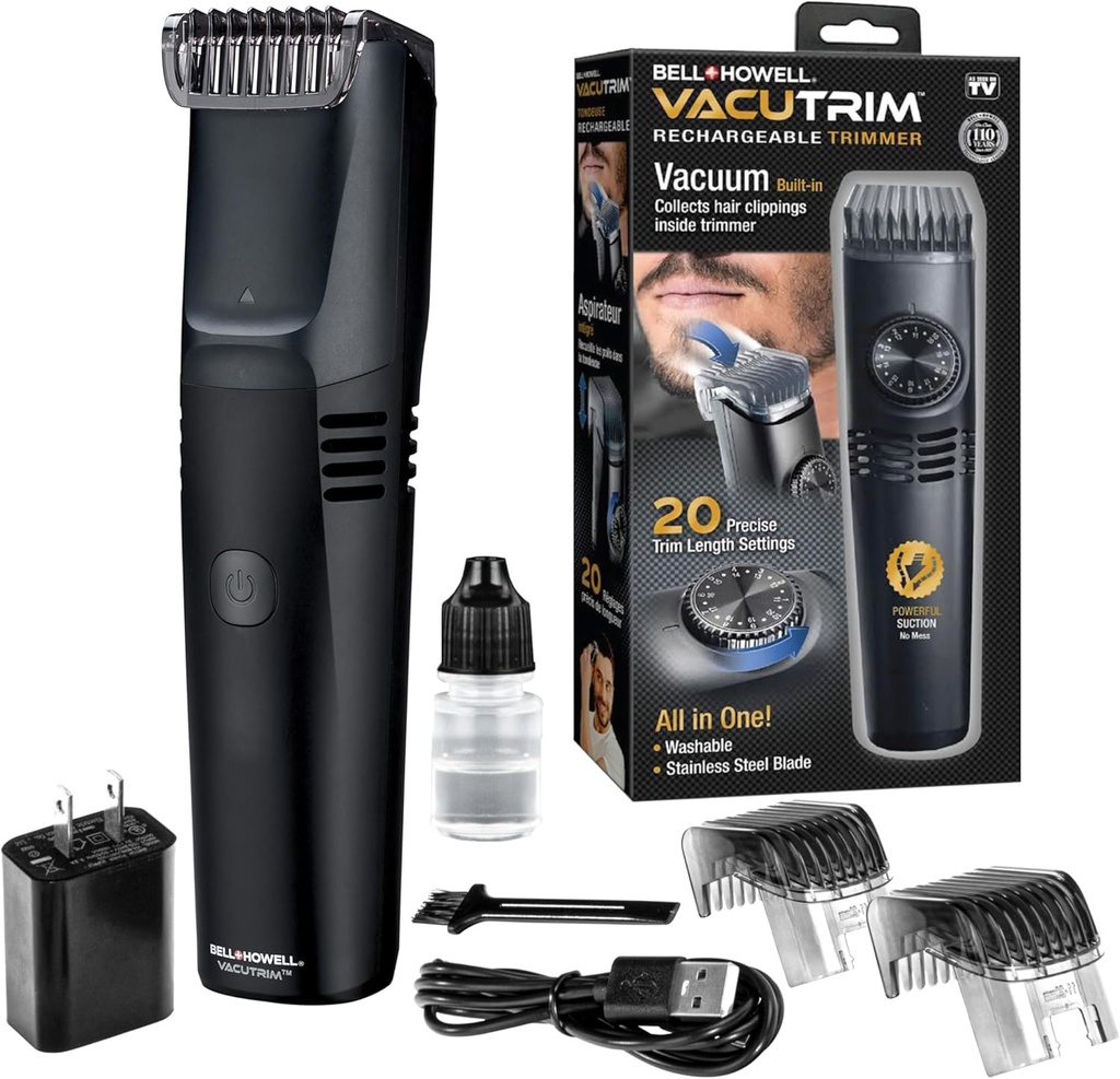 Vakutrim Cordless Mins Beard Thimmer, Rechargable Electric Shaver dengan 20 Trim Pengaturan Dial dan Built- di Vacuum untuk Kumis, Sideburns. Rambut Wajah, Hitam, 7.5, "As Seen On TV
