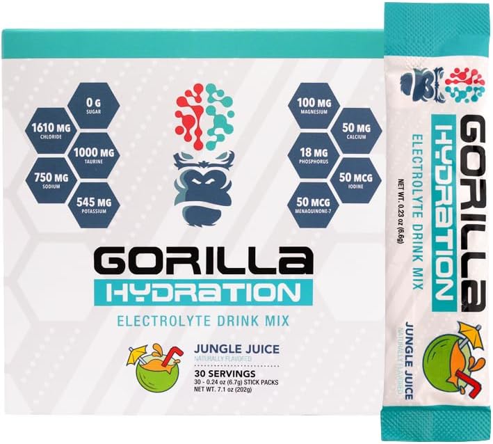 Paket Hidrasi Pikiran Gorilla - 3.073mg Electrolytes On The Go Convenient Drink for Comprehensive Replention - Zero Sugar, Alamened & FASting Friendly - 30 Count (Jungle Juice)