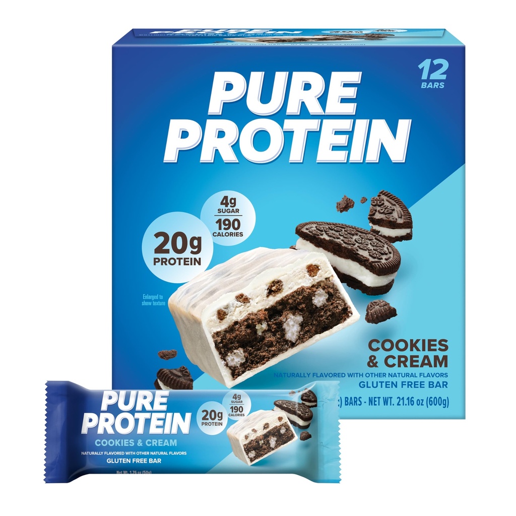 Murni Protein Bars, Protein Tinggi, Makanan Nutrisi untuk Mendukung Energi, Gula Rendah, Bebas Gluten-, Cookies dan Krim, 1.76oz, 12 Pack