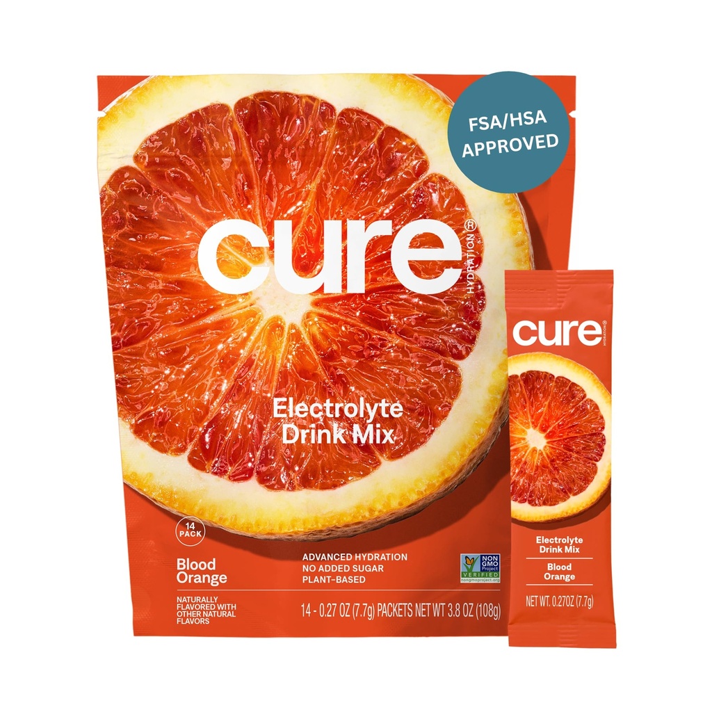Cure Hidration 12.4; Plant - berbasis Electrolite Drink Mix 124; No Added Sugar 124; FSA- HSA 124; Dehydration Relief Powder Dibuat dengan Coconut Water 124; Non-GMO 124; Vegan 124; Poures 14 Packets - Blood Orange