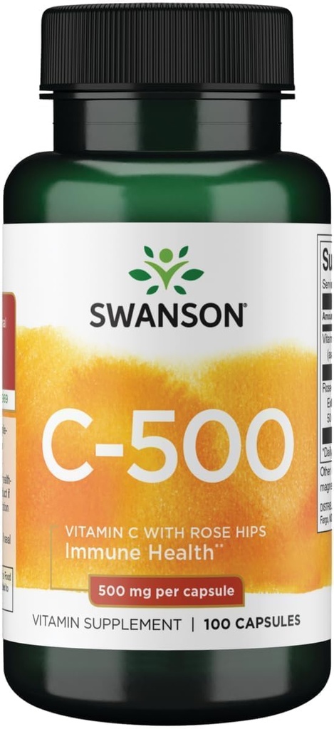 Swanson Vitamin C dengan Rose HIPS Immune System Dukung Skin Cardiovaskular Health Antioksidant Suplemen 500 mg 100 Kapsul