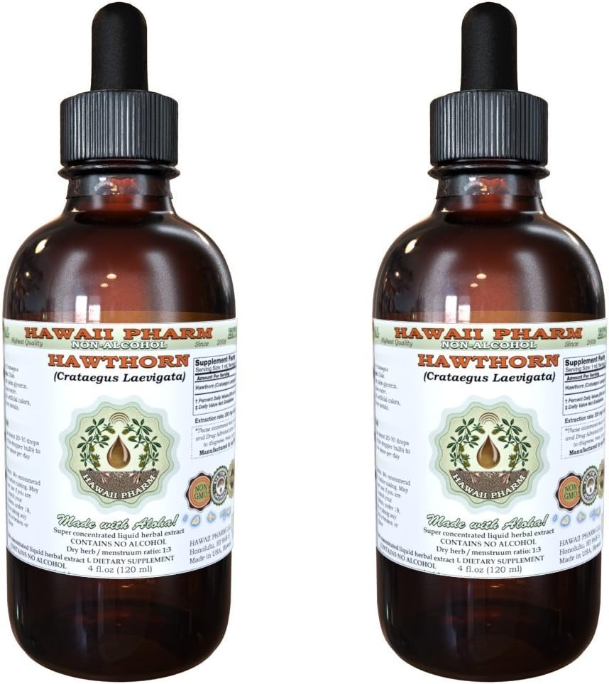Hawthorn Alcohol- Free Liquid Extract, Organic Hawthorn (Crataegus Laegagu) Dryed Leaf, Organic Flower dan Stem Glycerite Hawaii Pharm Natural Herbal Suplemen 2x4 oz