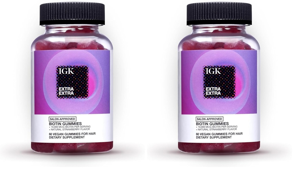 IGK Biotin Rambut Gummies 10.000mcg Biotin (60 Count), Strawberry Flavored, Gummies Perkembangan Rambut untuk Rambut Sehat, Skin & Nails, Vegan, Bantuan Rambut Tempur Kehilangan (Thinning 2)
