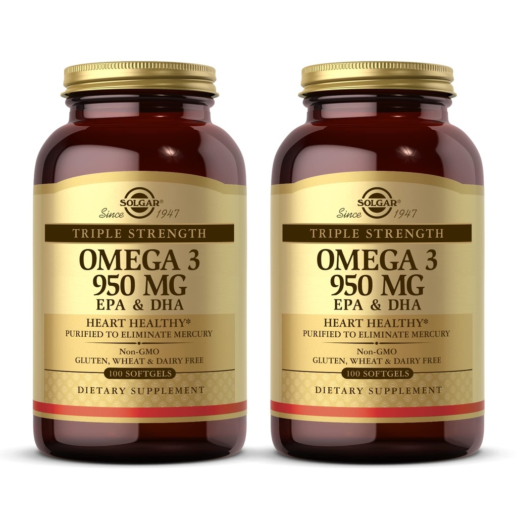Solgar Triple Power Omega 3 950 mg - 100 Softgels, Paket 2 - Supports Joint & Skin Health - Non-GMO, Gluten Free, Dairy Free - 200 Total pelayan