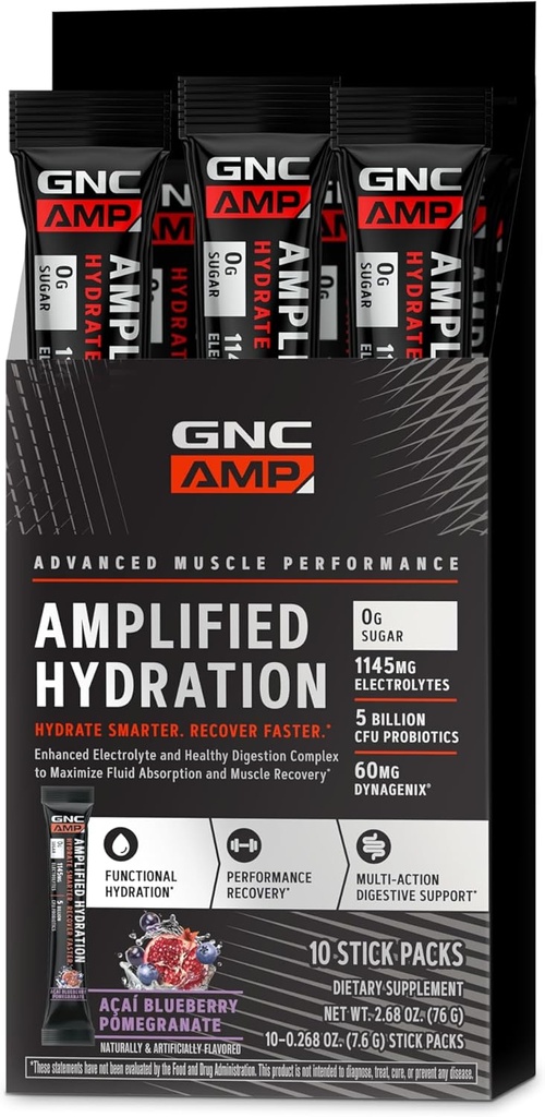 GNC AMP amplified Hydration Electrolyte Powder Drink Mix 124; Enhanced Electrolite & Heally Dicontable Complex; Acai Blueberry Presonate 124; 10 Count