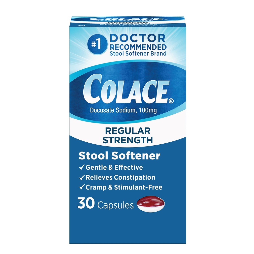 Colace Reguler strength stool softer for Gentle Effective Constipation Relief, No 1 Doctor Rekomendaded Stool Softtener Brand, 100 mg Docucate Capsules, 30 Count