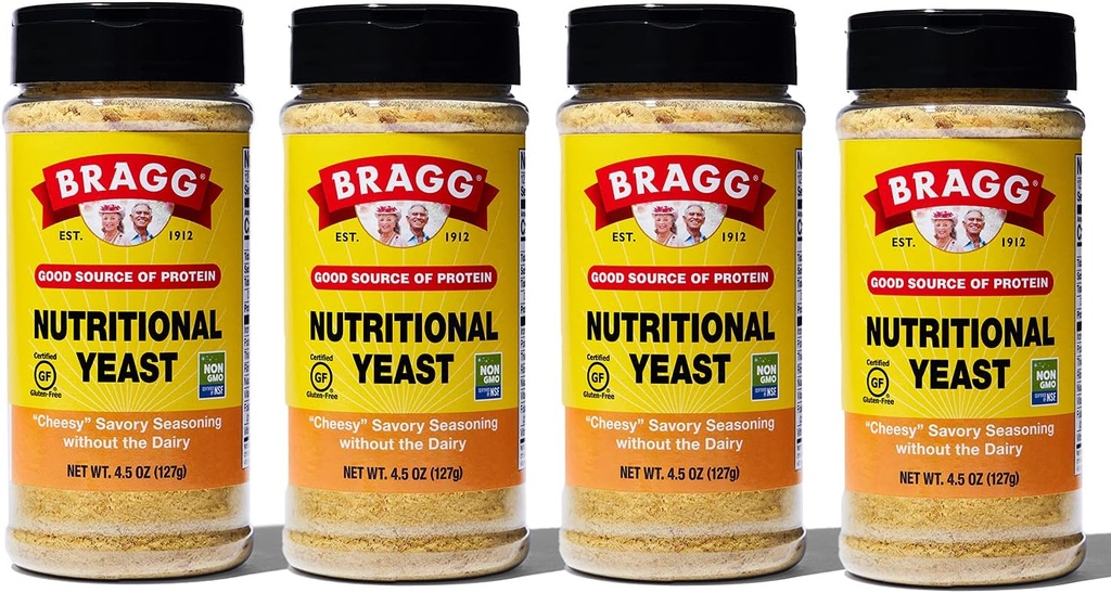 Bragg Nutreationed Yeast Seasoning - Vegan, Gluten Free Cheese Flakes - Good Source of Protein & Vitamin - Nutorious Savory Parmesan Cheese Substitute - Non GMO Verified, 4.5 Ounce, 4- Pack