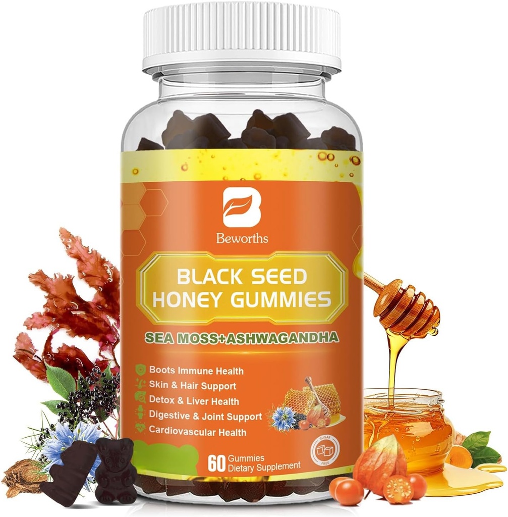 Black Seed Oil Sea Moss Gummies with Ashwagandha, Burdock Root, Linden Honey, Elderberry, Turmeric, Vitamin C, D3 & Zinc - Supports Immunity, Joints, Ditraffic, Hair & Skin, Vegan 60 Counts