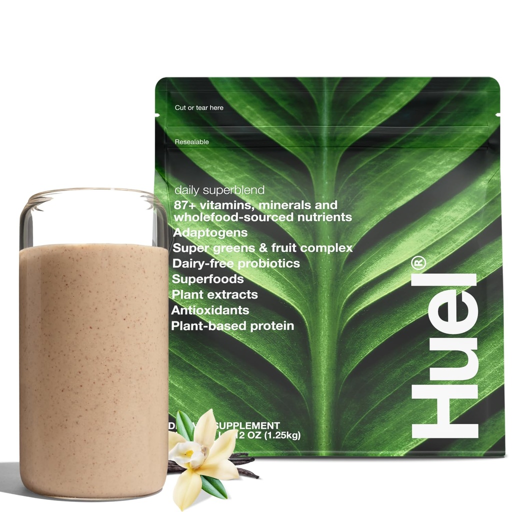 Huel Daily Superblend Vanilla Powder 124; 25g Plant Based Protein 124; Super Greens Powder 124; 87 Vitamin, Mineral, dan Whoefleod- Sourced Ingreations 124; 19 Service 124; Scoop tidak termasuk mengurangi plastik