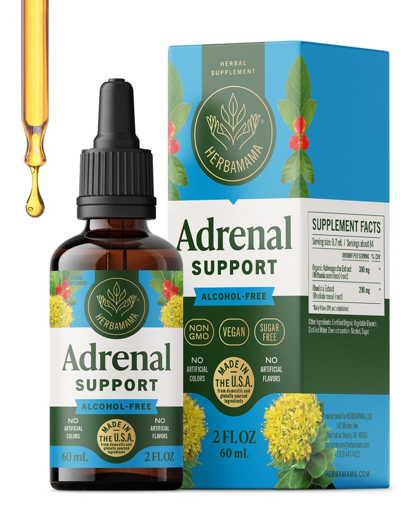 HERBAMAMA Adrenal Dukung Liquid Drops - Vegan Adrenal Pengaruh dengan Root Ashwagandha & Rhodiola Rosea Ekstraksi - Non-GMO, Alkohol & Sugar- Sugar- SugarFree-Day Suplemen