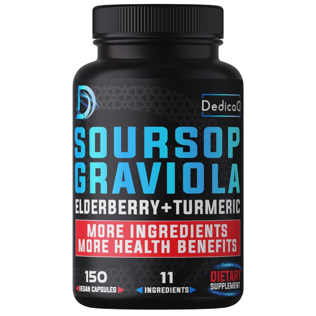 11in1 Graviola Soursop Kapsul selama 5 bulan dengan Soursop Fruit, Elderberry, Turmeric, Ginger, Milk Thistle, Cranberry & More - Mood, Immune & Body Health - 150 Vegan Capsules