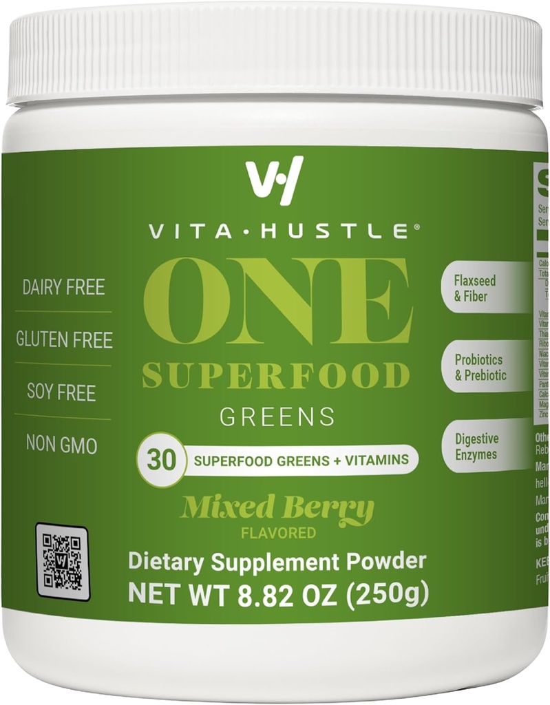 VitaHustle ONE Superfood Super Greens Powder with Pregities + Progrees, Reduce Bloating, Detox, Gut Health, Spirulina, Chlorella, Digevical Enzymes (Berry Flavor, 25 Servings)