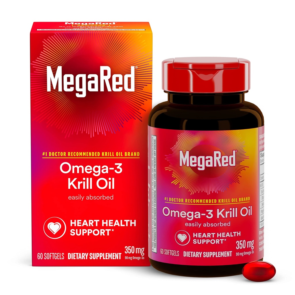 Omega-3 Krill Oil 350mg Softgels, MegaRed (60 Count In A Bottle), EPA & DHA Omegaga- 3 Fatty Acids Dengan tidak Fishy Aftertaste Unless Fish Oil, Berisi Antioksidant Astaxanthin