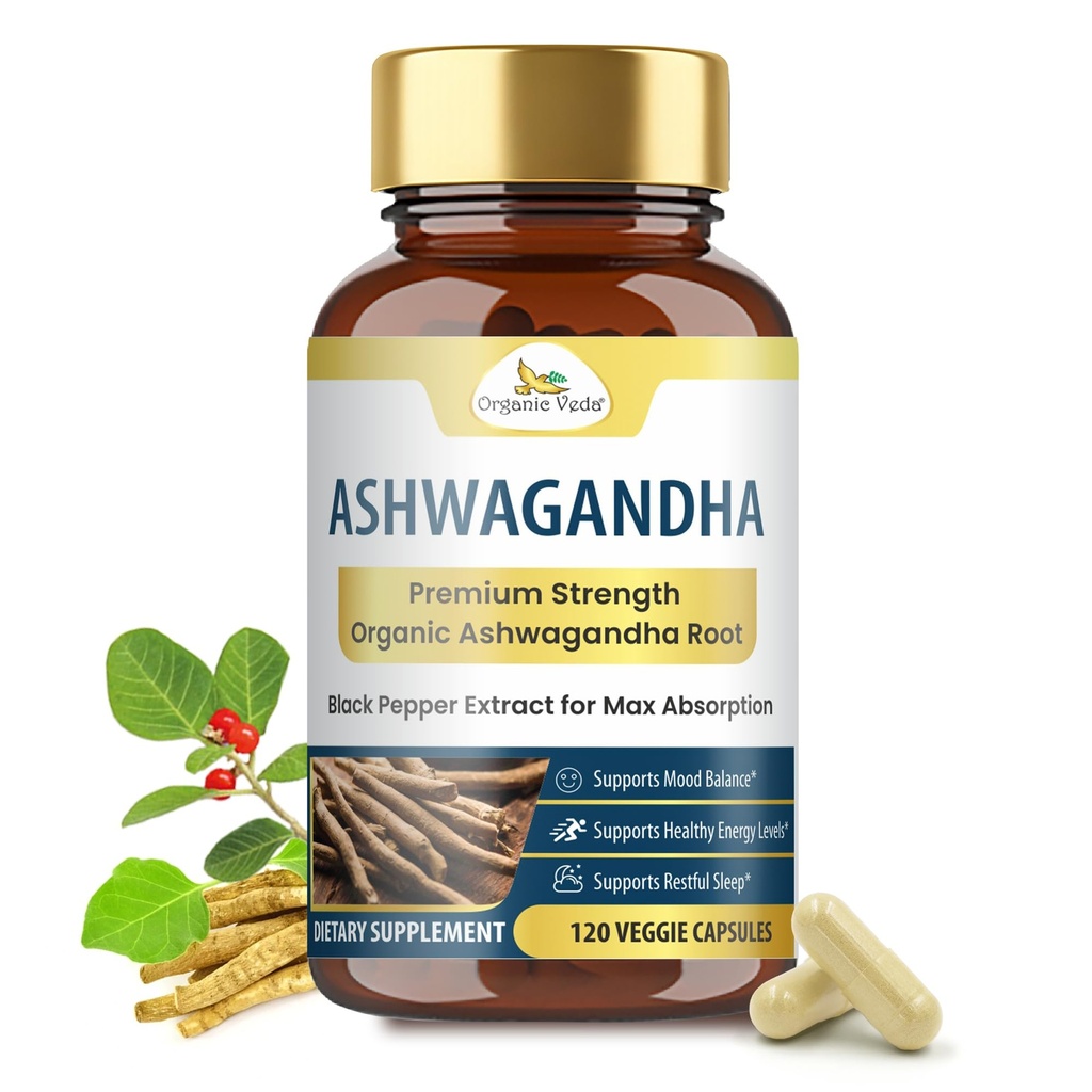 Veda Ashwagandha Capsules, 2000mg - 100% Murni Aswagandha Root Suplemen dengan Black Pepper Extract for Maximum Absorpsi - Boost Energy, Adrenal, Imunitas & Mood - 120 Count