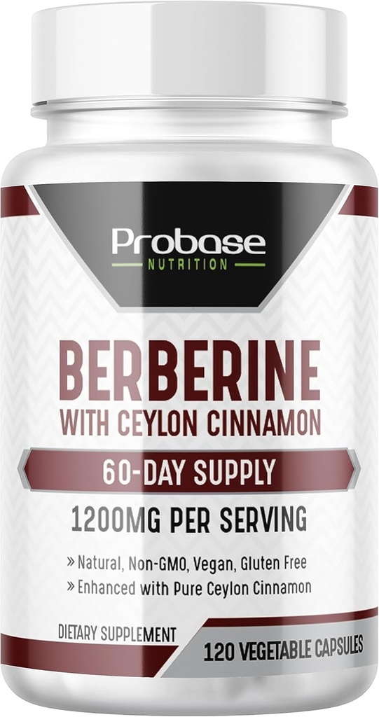 Probase Nutrition Berberine dengan Cinnamon Extract - Gluten Free and Vegan - 120 Capsules - 1200mg per Serving