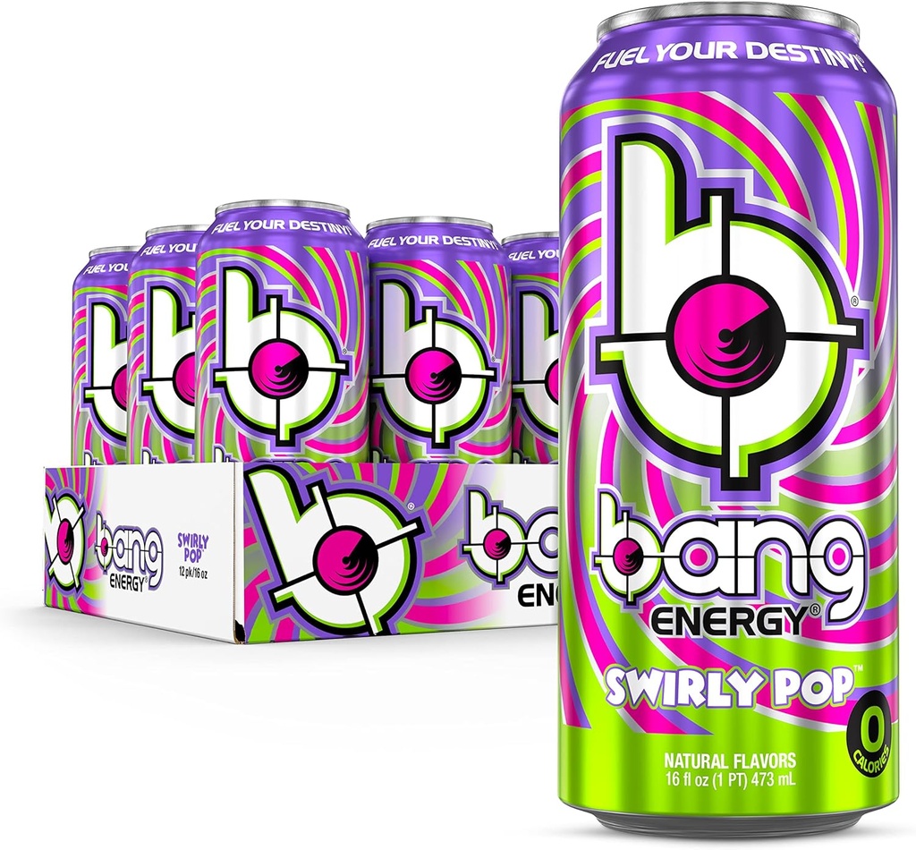 Bang Energy Swirly Pop, Sugar- Free, Energy Drink, 16 Ounce (Paket 12)