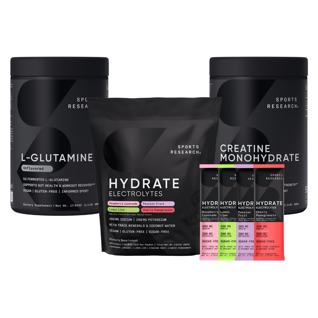 Penelitian Olahraga L- Glutamine (1.1 lbs), Sugar- Free Alamiah Flavored Hydrote Electrolite 16x Variety dan Creatine Monohydrate (1.1 lbs)