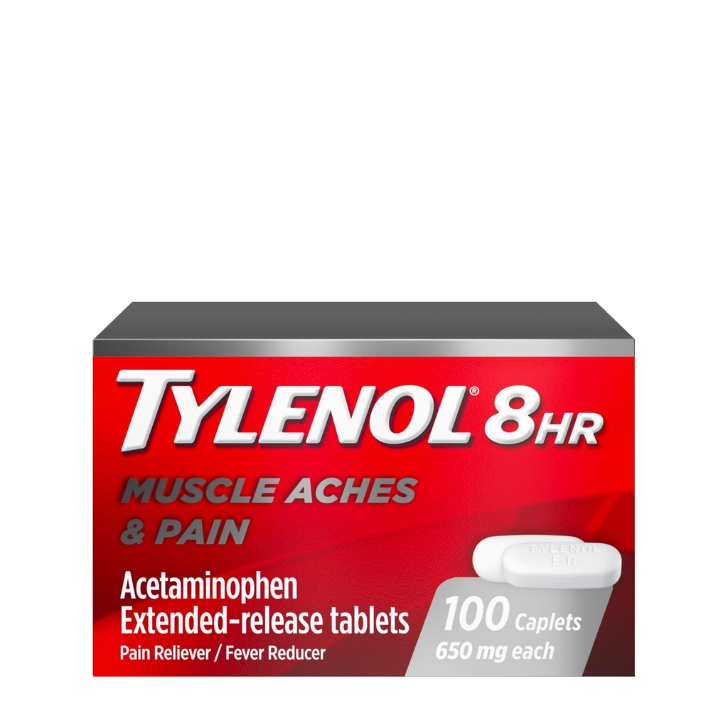 Tylenol 8 Hour Acetaminophen 650 mg Extended Caplets, Fast Acting Bilayer Design, Quick & Long Lasting Pain Relief for Muscle, Joint, Back & Arthritis Aches, Fever Reducer, 100 Count