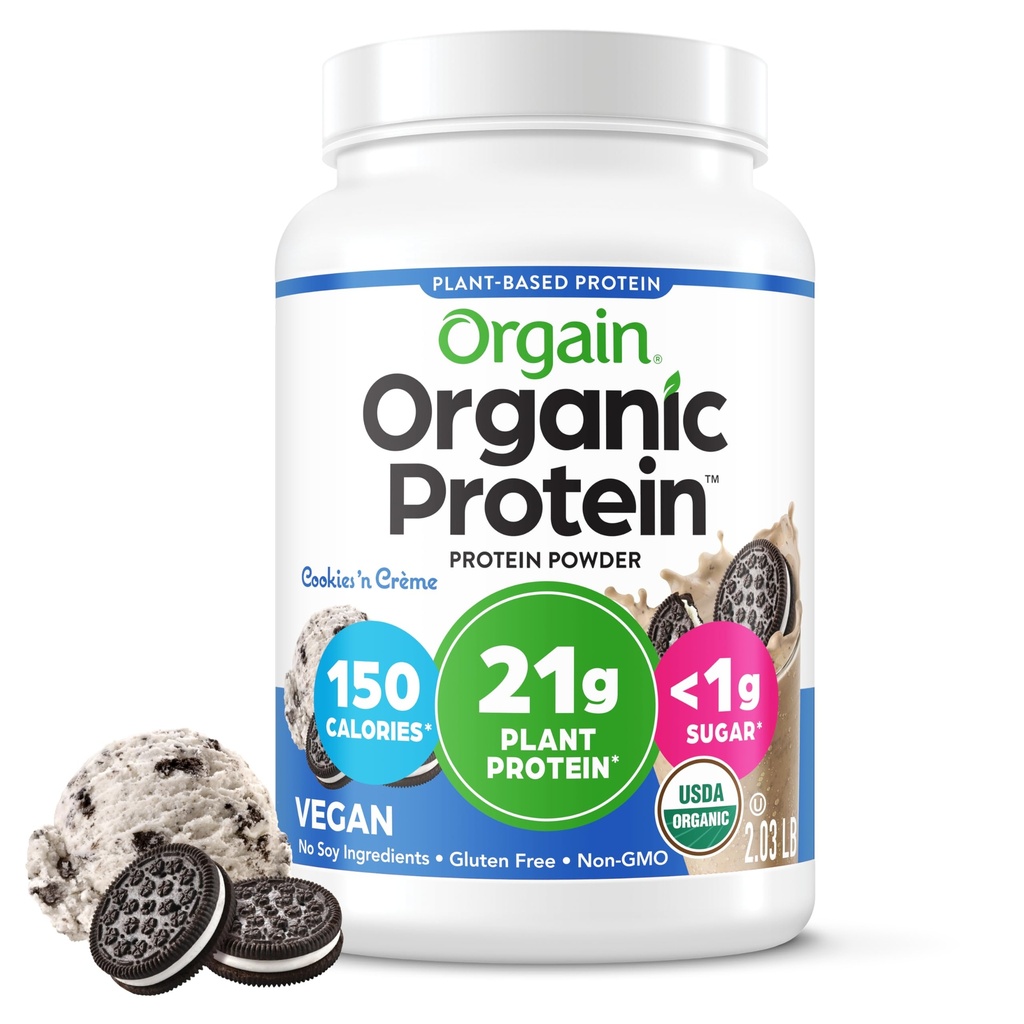 Orgain Vegan Powder, Cookies & Cream - 21g Plant Based Protein, 7g Prebiotic Fiber, Low Net Carb, No Laktosa Ingrediens, No Ditambahkan Sugar, Non-GMO, For Shakes & Smoothies, 2.03 lb