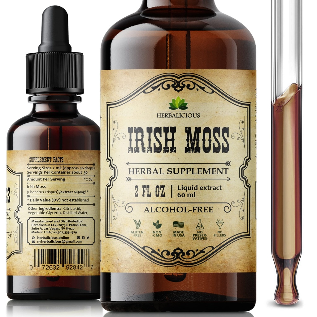 Irish Sea Moss Raw Organic Drops - Natural Irish Sea Moss Extract for Thyroid Duction, Diffic & Energy - Liquid Dieter Suplemen - Vegan, Non-GMO - 2oz Bottle