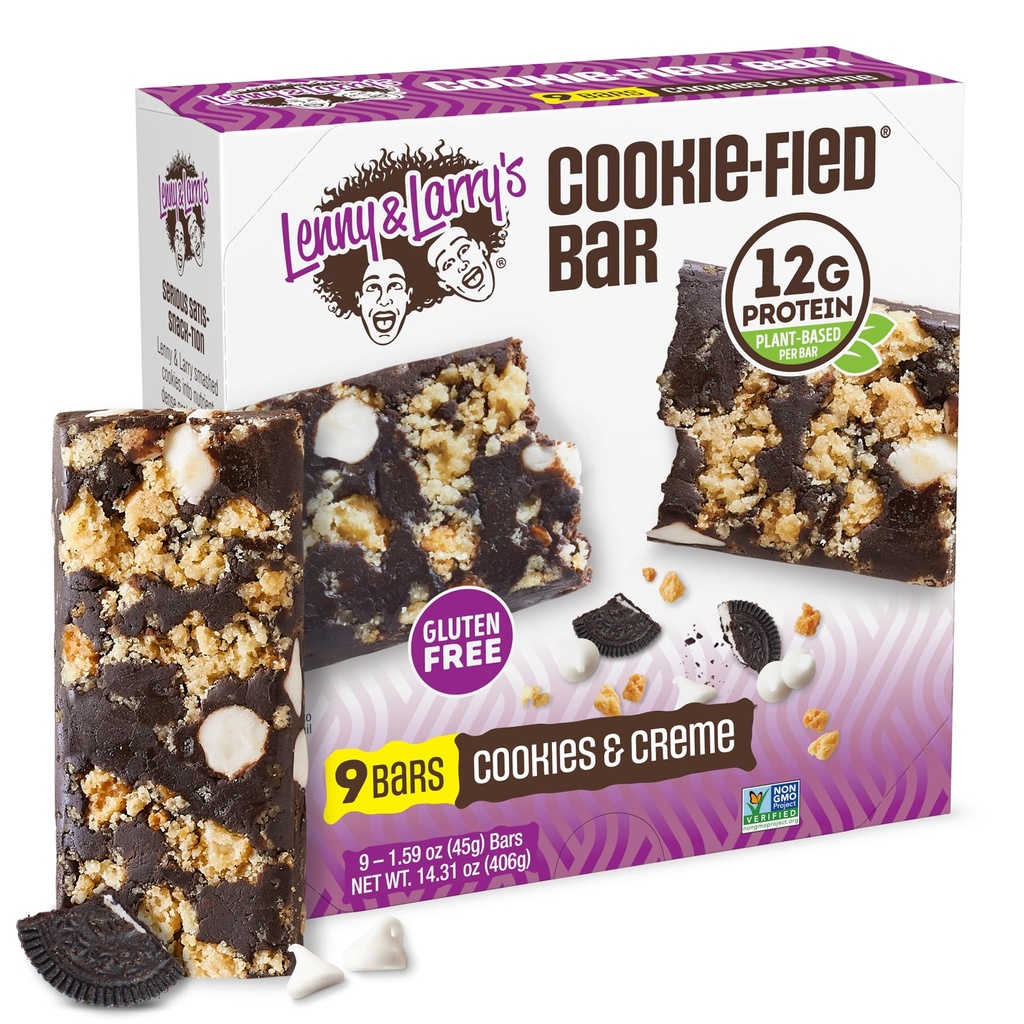 Lenny & Larry 's Cookie- fied Protein Bar - Cookies & Creme Vegan Protein Bars 9x45g - Heally Snack dengan 12g Plant Protein & 5g Fiber - Gluten Free Power Bar, Keto Friendly, Non- GMO & Vegan