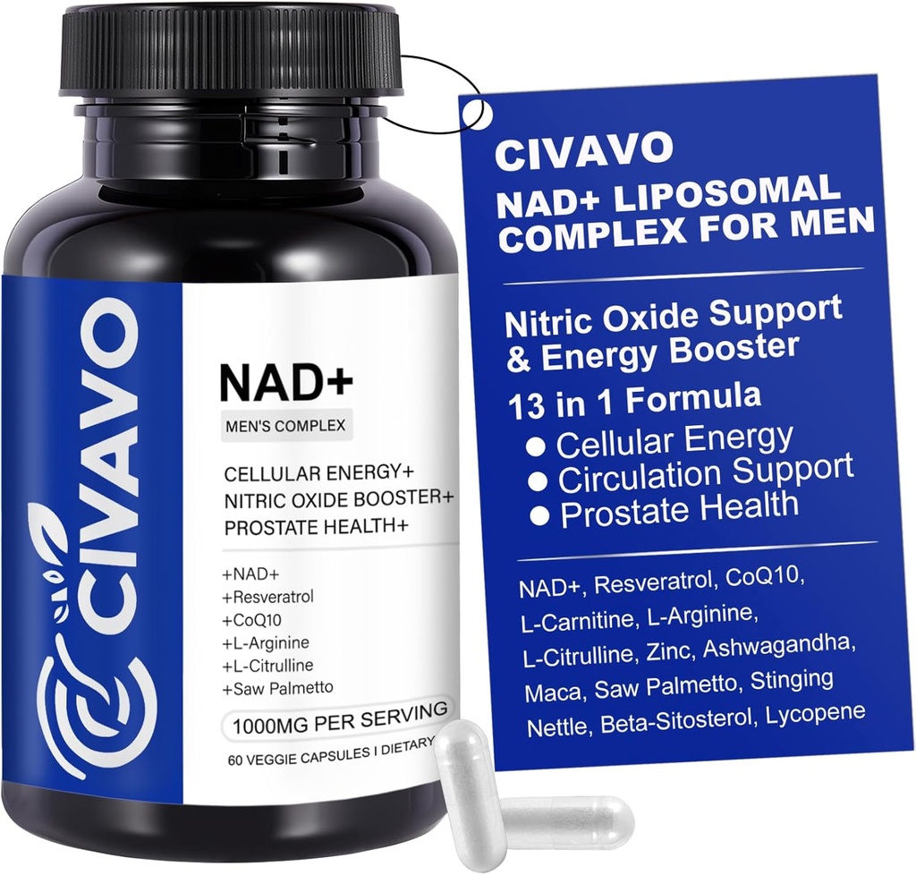 NAD + Tambahan untuk Men 1000mg, NAD + dengan Resveratrol, CoQ10, L- Citrulline Root & Maca - Energi Sel, Penuaan Kesehatan, Antioksidant, Nitric Oxide Prostate Kesehatan untuk Pria - 60 Capsules
