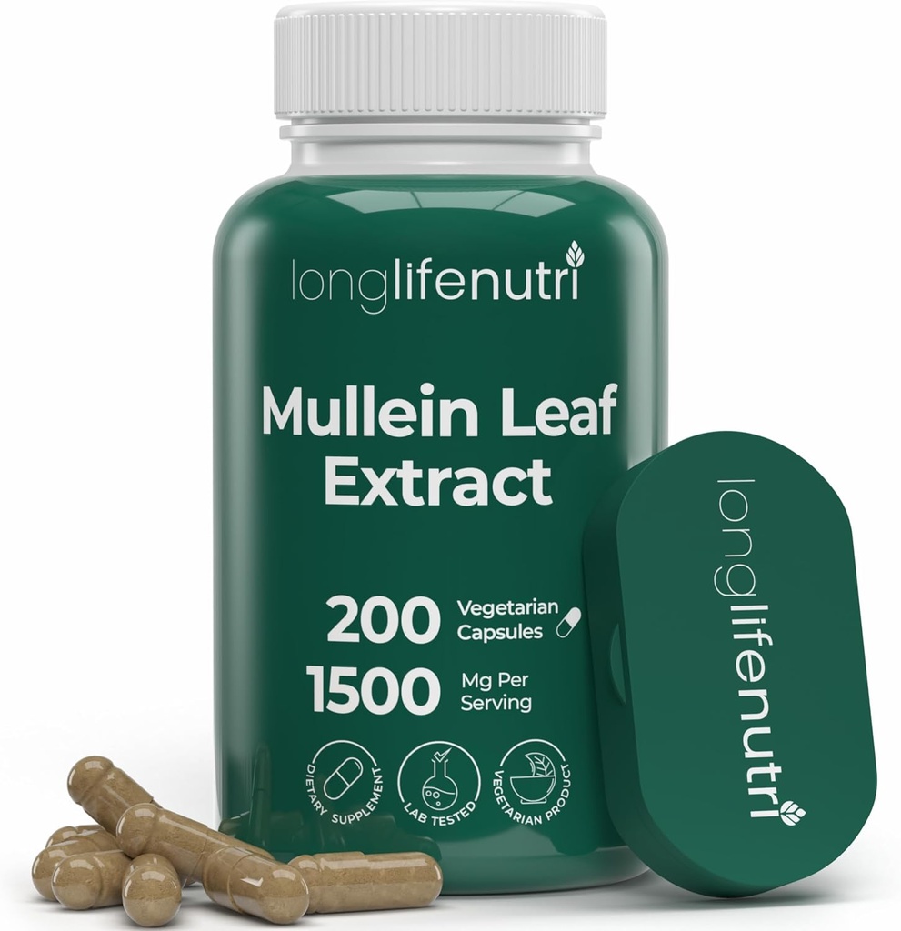 LongLifeNutri Mullein Leaf 1500mg 10: 1 Ekstraksi - 200 Vegetarian Capsules, dari Powder Leaf Organik Mullein, Suplemen Herbal untuk Perawatan Repiratory, 2- Sebulan- GMO, GMP Tersertifikat, Dibuat di Amerika Serikat