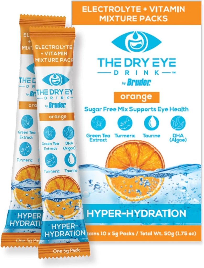 I Ultimate Hidration for Dry Eyes I Sugar- Free Electrolyte Pawder Pawkers l Blended with Vitamin, Green Tea, Turmeric, Taurine, and DHA l 5g x 10 Packets (Orange)