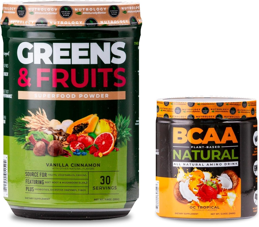 Nutrologi Hijau & Fruit Powder Alami Sourced Superfood, Vanilla Cinnamon (30 Hamba) BCAA Natural, Plant Based BCAA Powder, Orange Coconut Flavor (30 Pelayan)