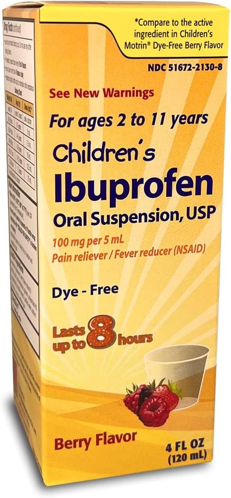 "Taro Children 's Ibuprofen Oral Suspension 100 mg per 5 mL, 4 Fl Oz, Pain Reliever and Fever Reducer for Ages 2-11 Years, Dye- Free, Berry Flavor