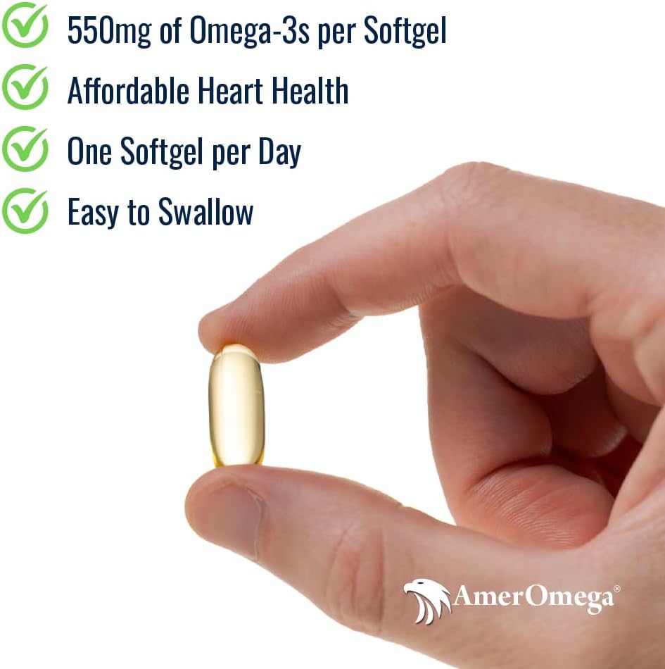 AmerOmega Triglyceride Omega-3 Fish Oil for Heart Heat - Wild- Caught Alaski Walleye Pollock - American- Sourcan-Maid - Non-GMO, Gluten-Free & Dairy- Free - 60 Softgeels