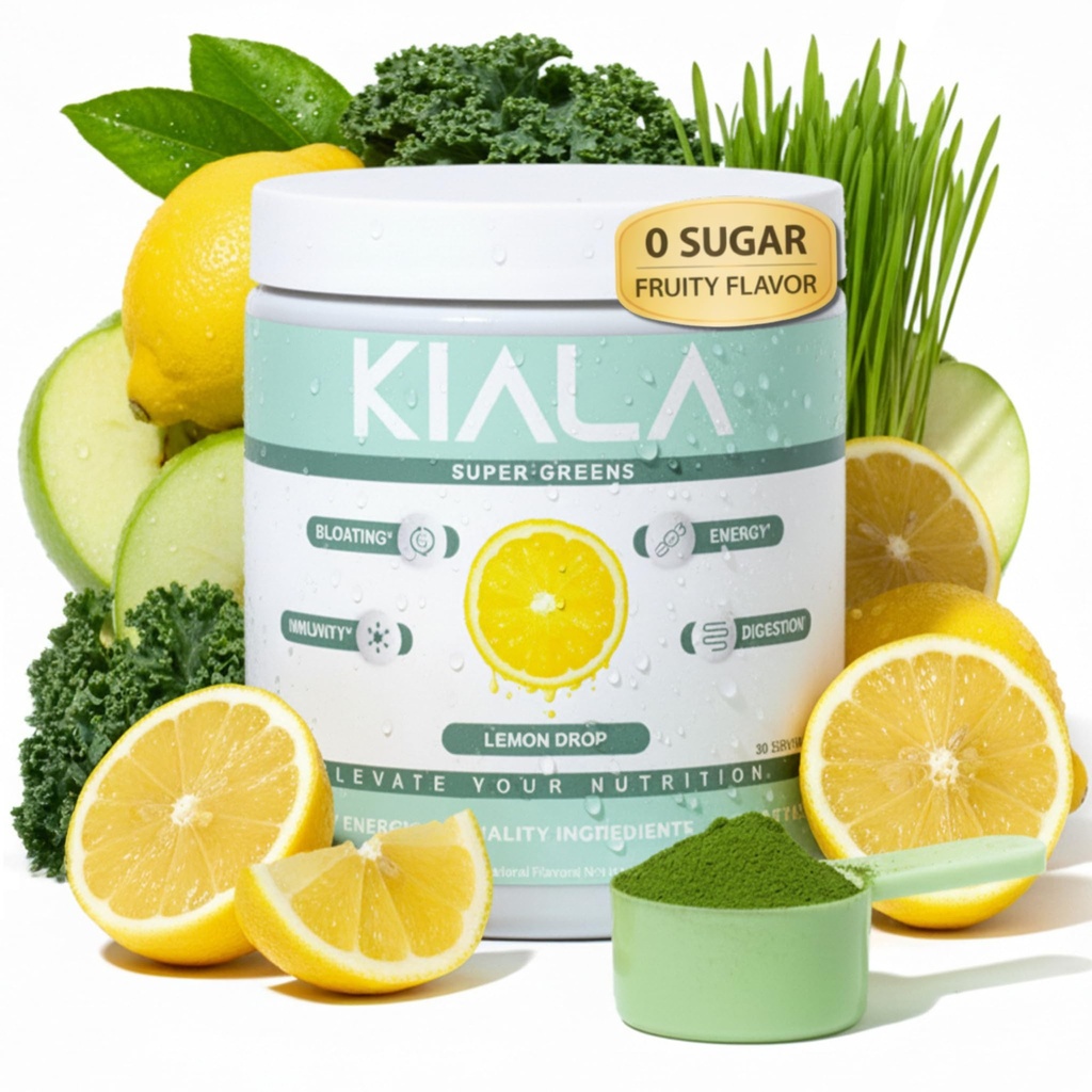 Nutrition Super Greens Kiala, Powder Organic Greens dengan Spirulina & Chlorella untuk Dibuble, Gut Health, Imunity, Energy, Gluten Free, Vegan, Sugar Free, Spectra Blend, Lemon Drop, 30 Servis