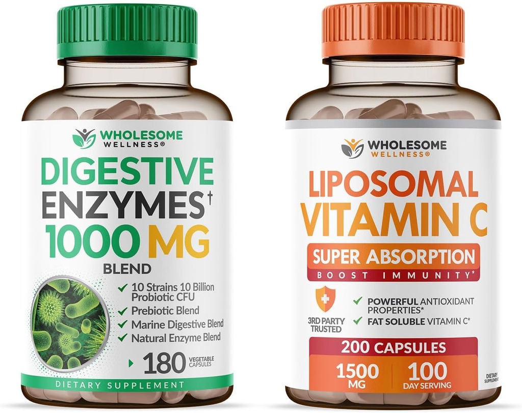 Whyesome Wellness Digetical Enzymes 1000MG Plus Pregrance & Propomal + Lipomal Vitamin C Capsules (200 Pil 1500mg Buffered) Bundle