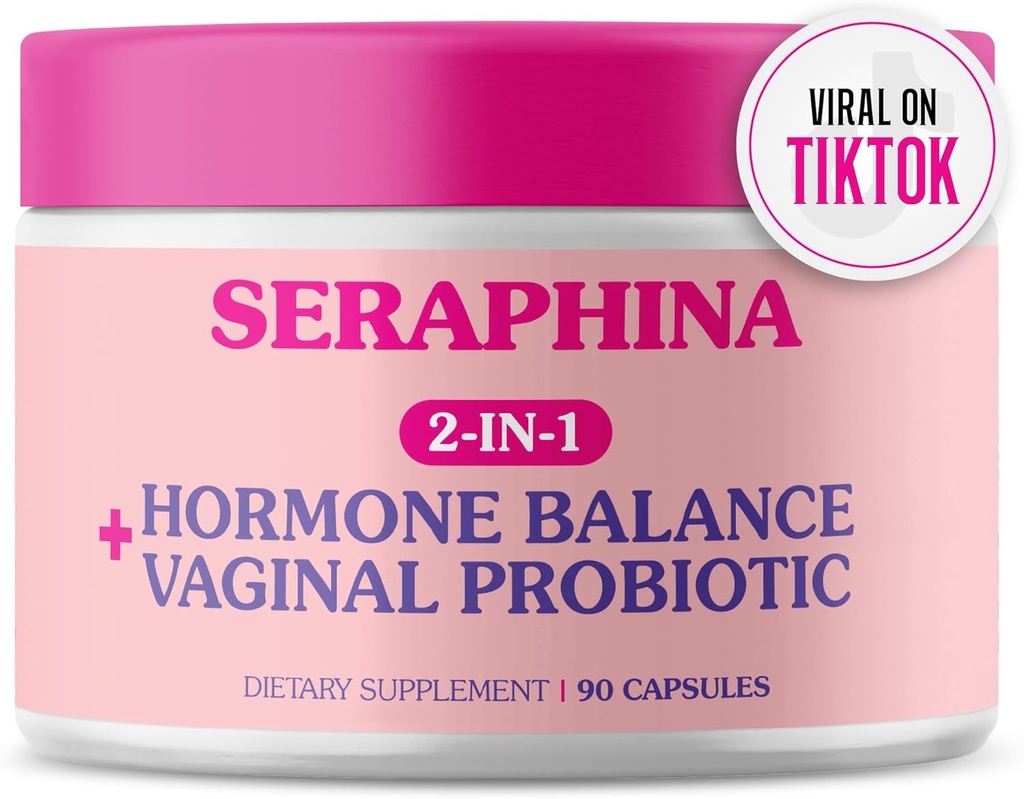 Seraphina Vaginal Programtes 2-1 untuk Perempuan + Hormone Keseimbangan - 90 Capsules Complete Feminine Care, PMS & Urminary Tract Health, Prebiotic Blend, 10 Milyar CFU, 6 Count (90 Count (Paket 1)