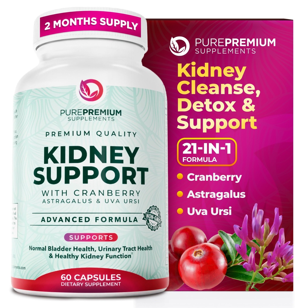 PurePremium Tambahan Dukungan Kidney - Kidney Cleanse Detox & Repair dengan Ekstrak Cranberry & Astragalus - 21-in- 1 Kompleks Pasokan Normal, Tract Uliner & Kidneys Kesehatan - 60 Hari Supply