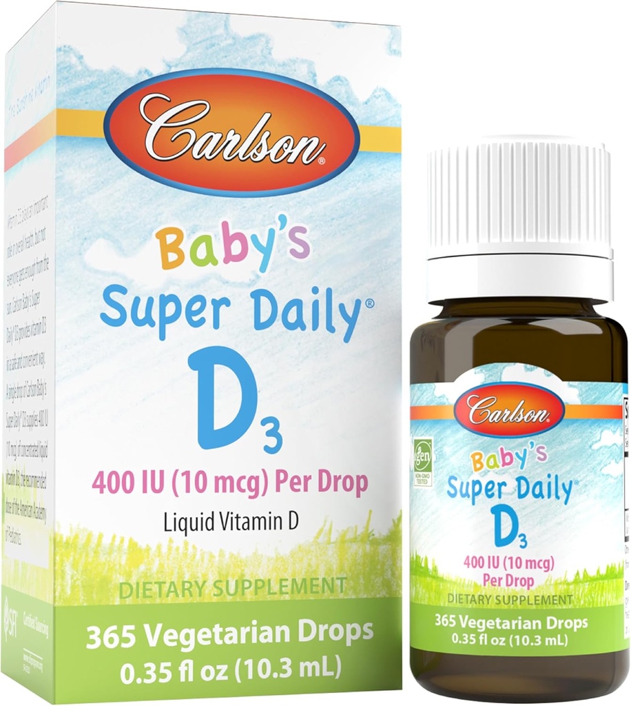 Carlson - Hari Super Bayi D3, Bayi Vitamin D Drops, 400 IU (10 mcg) per Drop, 1 Tahun Suppply, Vegetarian, Cairan Vitamin D untuk Bayi dan Toddlers, Unflashted, 365 Drops