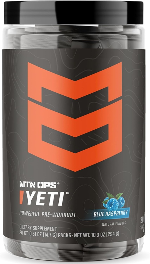 MTN OPS Yeti Trail Packs Pre- Workout Powder Energy Drink with Creatine, 200mg Caffeine & BCAAs with Beta Alanine, 20- Single Servings, Blue Raspberry
