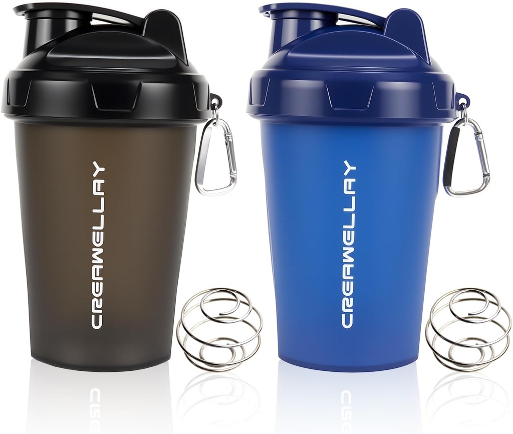 2 Paket Botol Shaker untuk Campuran Protein, 17 oz botol kecil Protein dengan Handel, Gugus Grim Shaker dengan Bola Blending untuk Pemujaan Pra, BPA-Free Dishwasher Safe (Hitam, Biru)