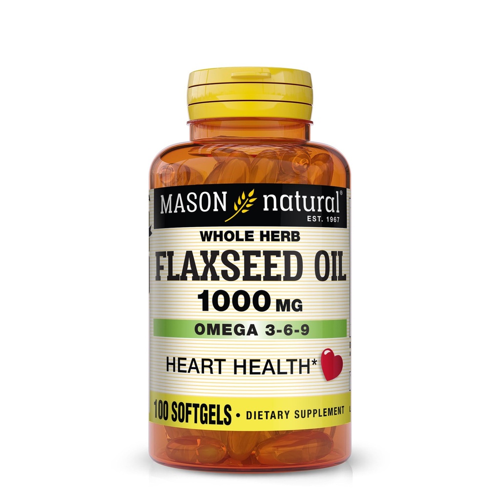 MASON NATURAL Flaxseed Oil 1000mg - Omega 3-6-9 Softgels for Heart Health - Cold- Menekan Whole Herb Suplemen - Bebas, Non-GMO, 100 Softgels