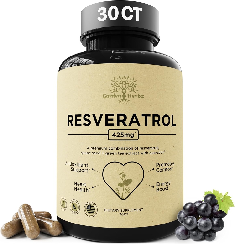 Quercetin & Resveratrol Suplemen dengan Benih Grape - 425mg Herbal Antioxidant & Wellness Dukungan - Polyphenol & Nutrient Blend untuk General Health, 30Ct