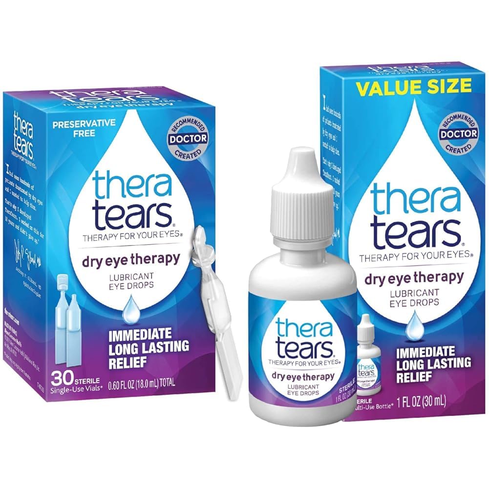 TheraTears Dry Eye Therapy Lubricating Eye Drops for Dry Eyes, Preservative Free Eye Drops, 30 Single- Gunakan Vials & Dry Eye Therapy Eye Drops for Dry Eyes, 1.0 Fl Oz