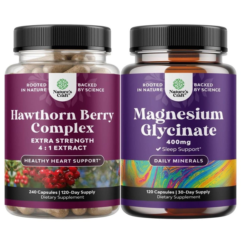 Natures Craft Bundle of Extra Power Hawthorn Berry Capsules - Extract Ditration and Heart Health Supplement and Pure Magnesium Glycinate 400mg Per Serving for Mood Sleep and Relaxation