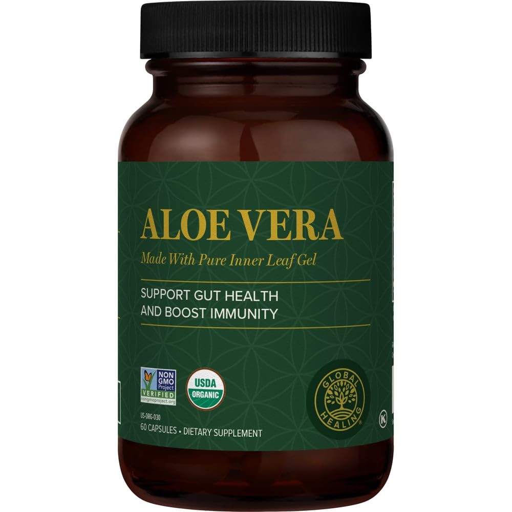 Global Healing Aloe Vera Bio- Active Organic Leaf Suplement - 200x Konsentrasikan Formula dengan konsentrasi tertinggi Acemannan - Aloin- Free - Gut Kesehatan & Imune Dukungan - 60 Capsules