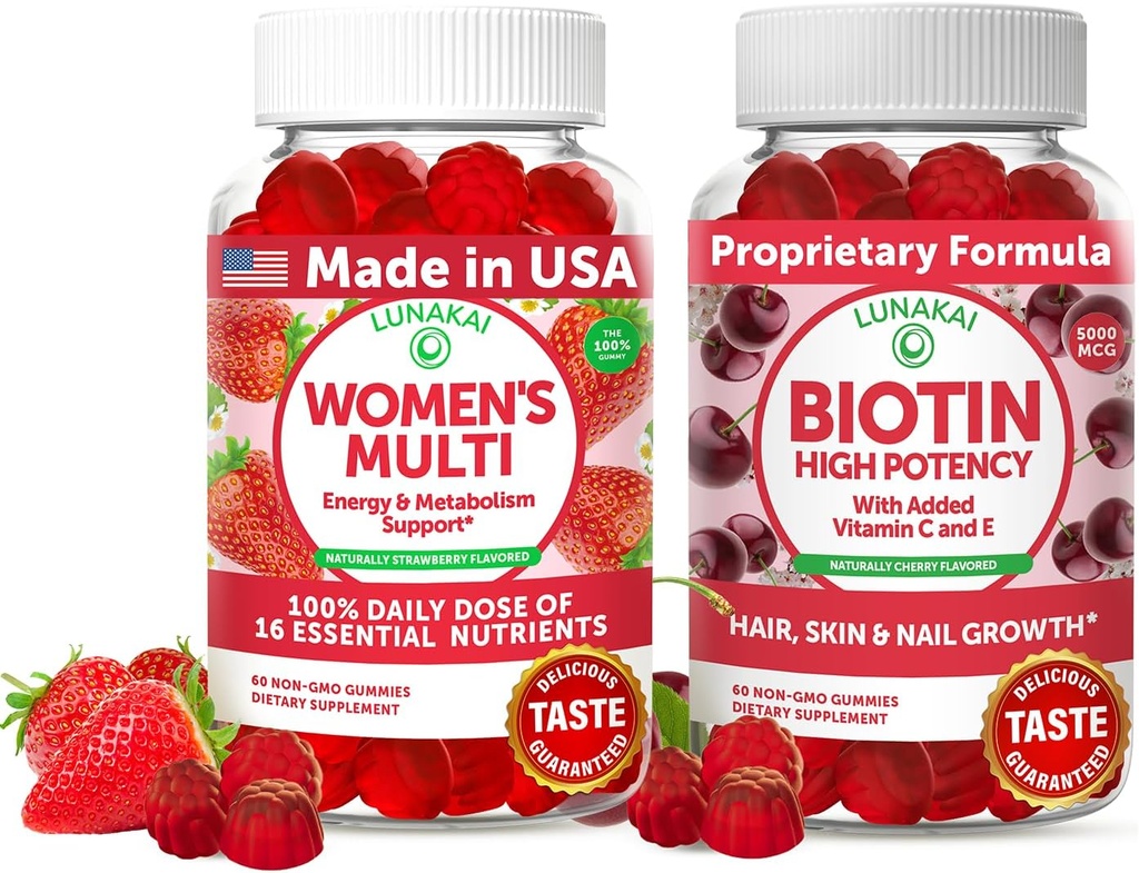 Lunakai USA Made Womens Multivitamin & Biotin Gummies Bundle - Energy & Hair, Skin, Nail Dupport - Tentu Flavored - 60 Non-GMO Gummies Masing-masing
