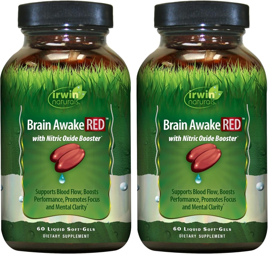 Irwin Brain Awake RED with Nitric Oxide Booster - 60 Liquid Soft- Gels, Pack of 2 - Dukung Kesehatan Otak & Optimasi Performance - 40 Total Hamba