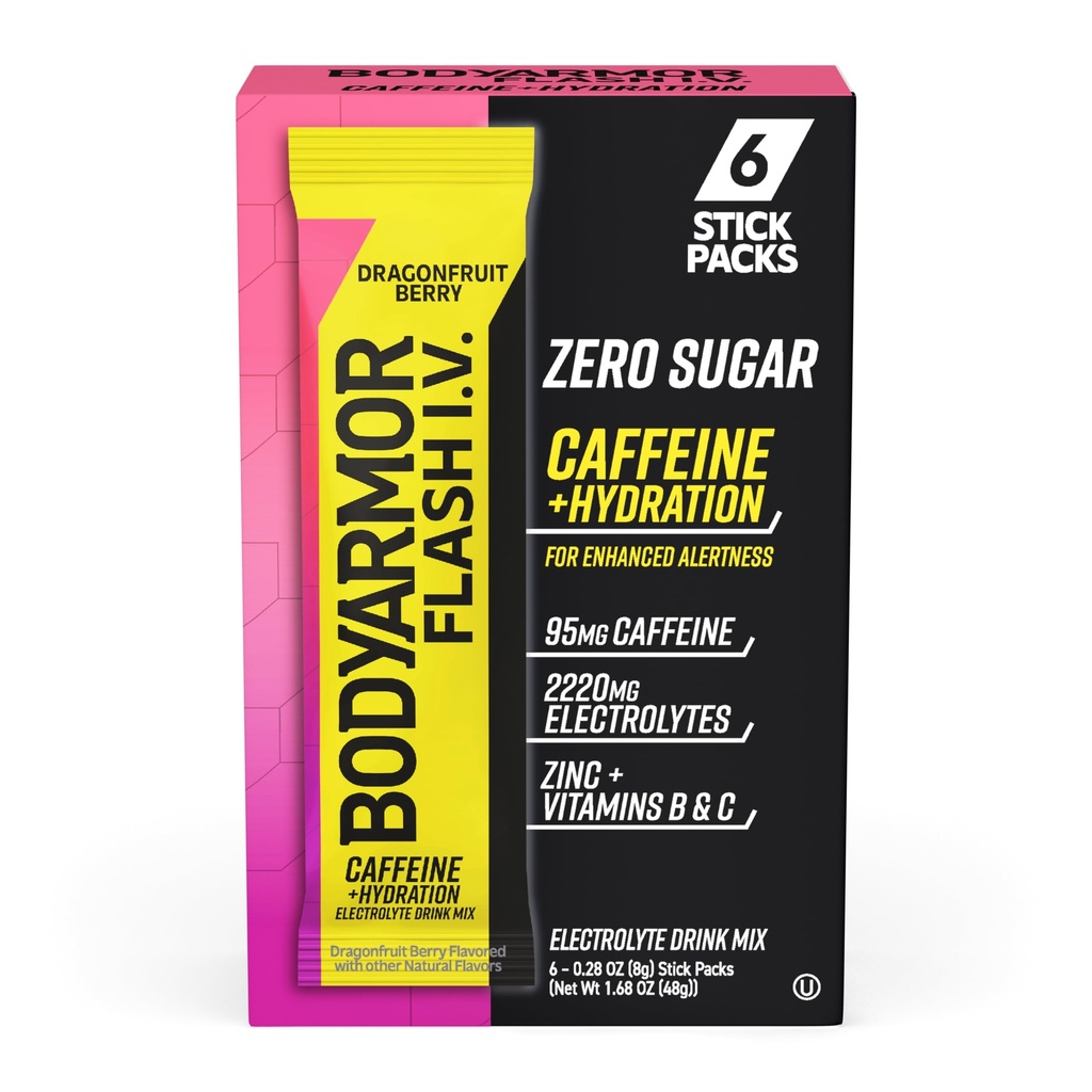 Caffeinated BODYARMOR Flash I.V. Electrolite Packets - Dragonfruth Berry - Zero Sugar Energy Drink, Single Serve Packs, Hidration for Pre Workout, Travel Esensials, Aktive Lifestyle (6 Count)